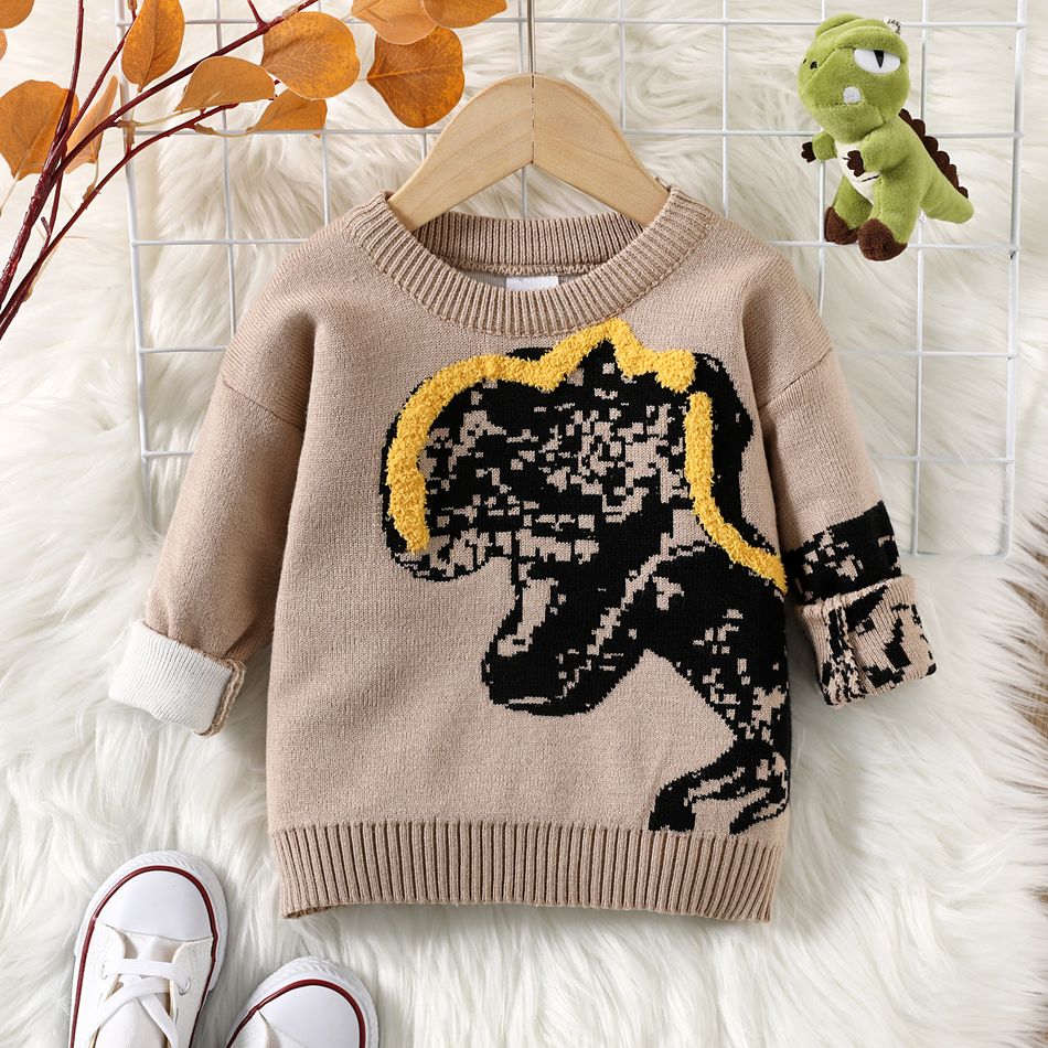 Toddler Boy Playful Dinosaur Pattern Knit Sweater Apricot