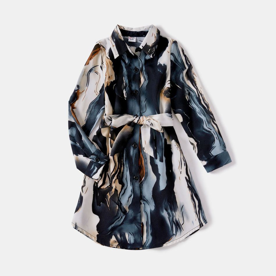 Family Matching Tie Dye Belted Button Shirt Dresses and Long-sleeve Tops Sets Bluish Grey big image 3