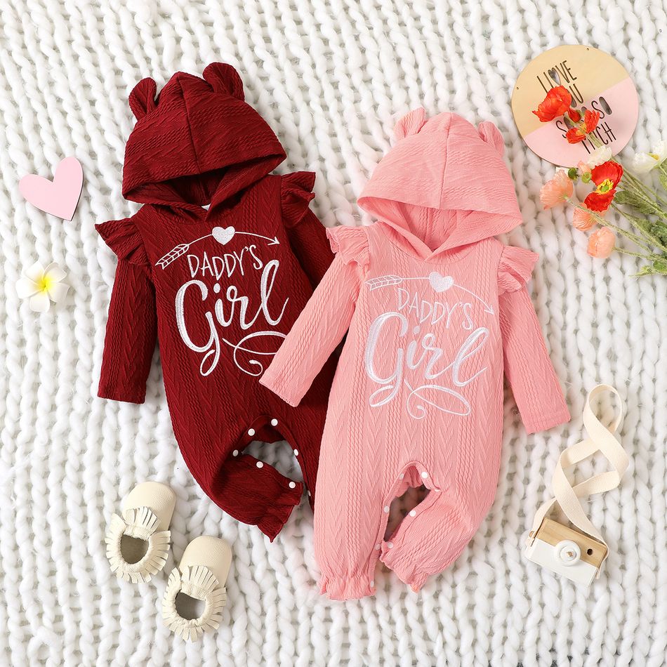 Baby Girl 95% Cotton Knit Textured Long-sleeve Letter Embroidered 3D Ears Hooded Ruffle Trim Jumpsuit Pink big image 2