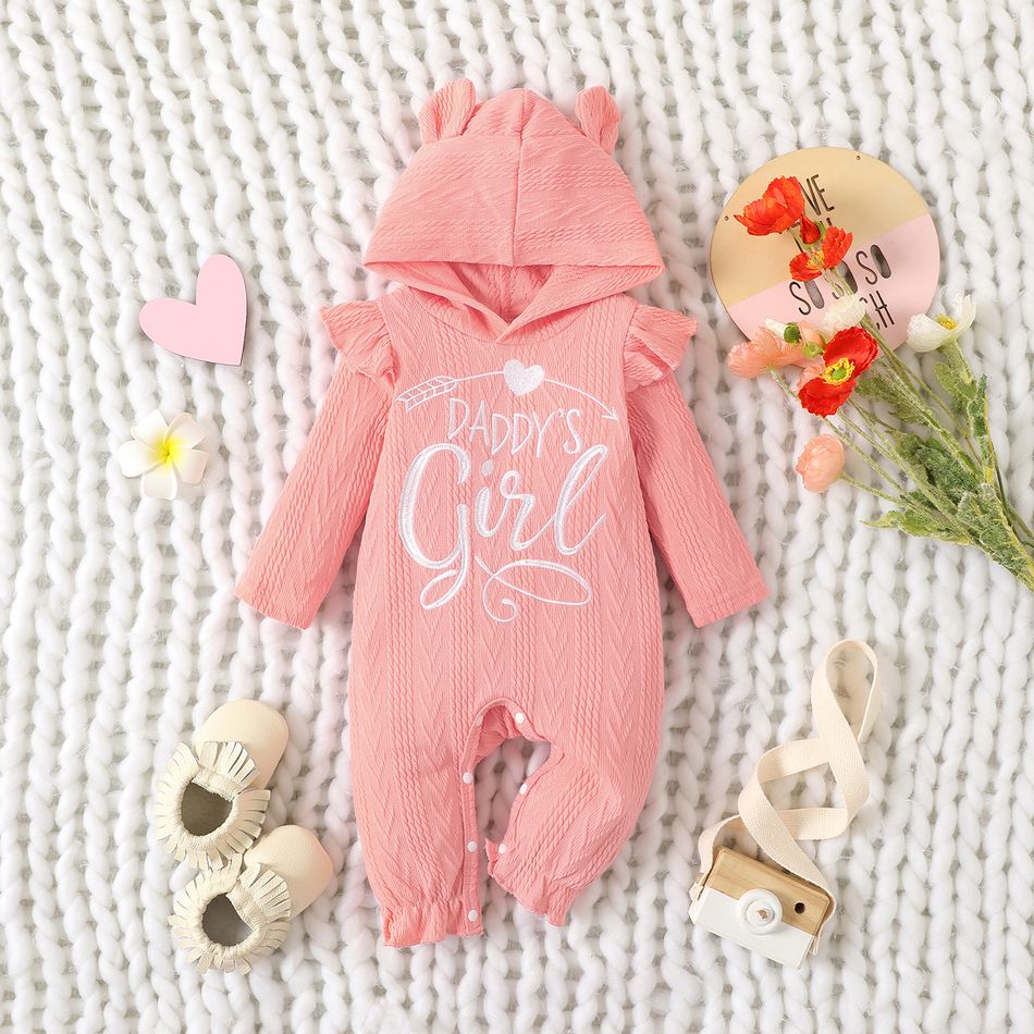 Baby Girl 95% Cotton Knit Textured Long-sleeve Letter Embroidered 3D Ears Hooded Ruffle Trim Jumpsuit Pink big image 1