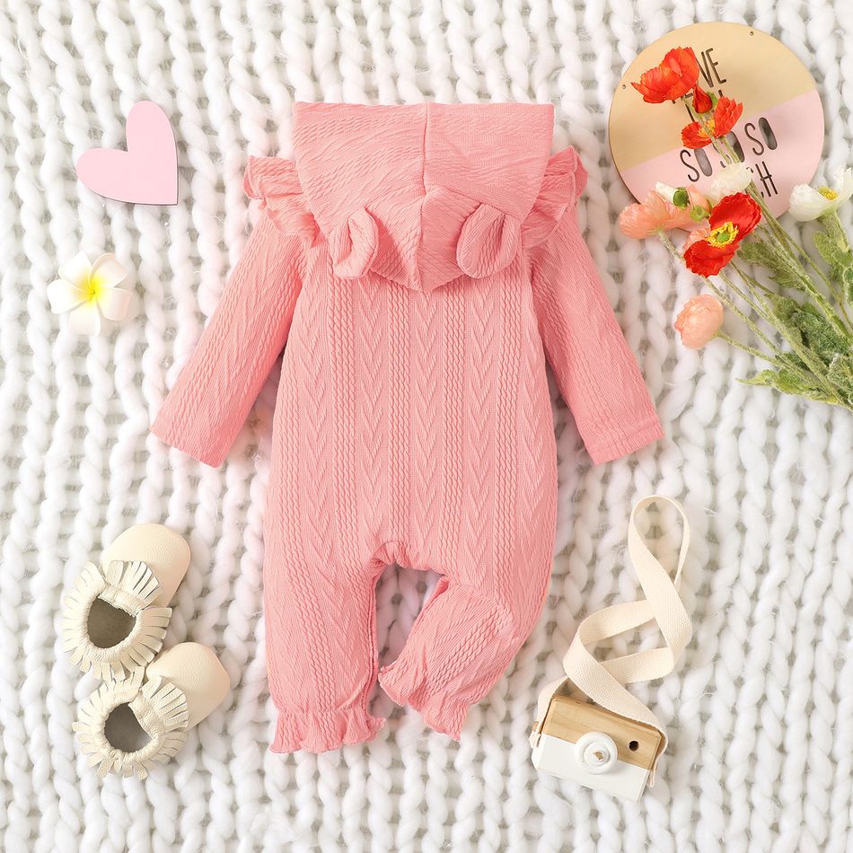 Baby Girl 95% Cotton Knit Textured Long-sleeve Letter Embroidered 3D Ears Hooded Ruffle Trim Jumpsuit Pink big image 3