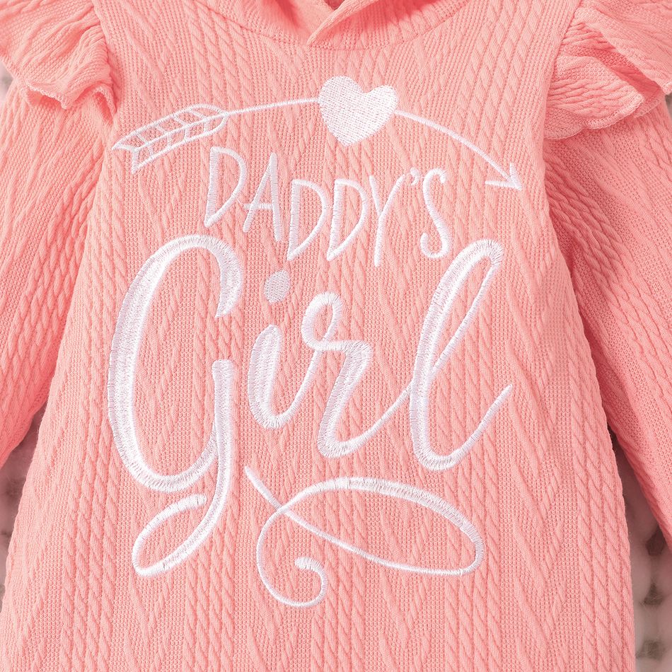 Baby Girl 95% Cotton Knit Textured Long-sleeve Letter Embroidered 3D Ears Hooded Ruffle Trim Jumpsuit Pink