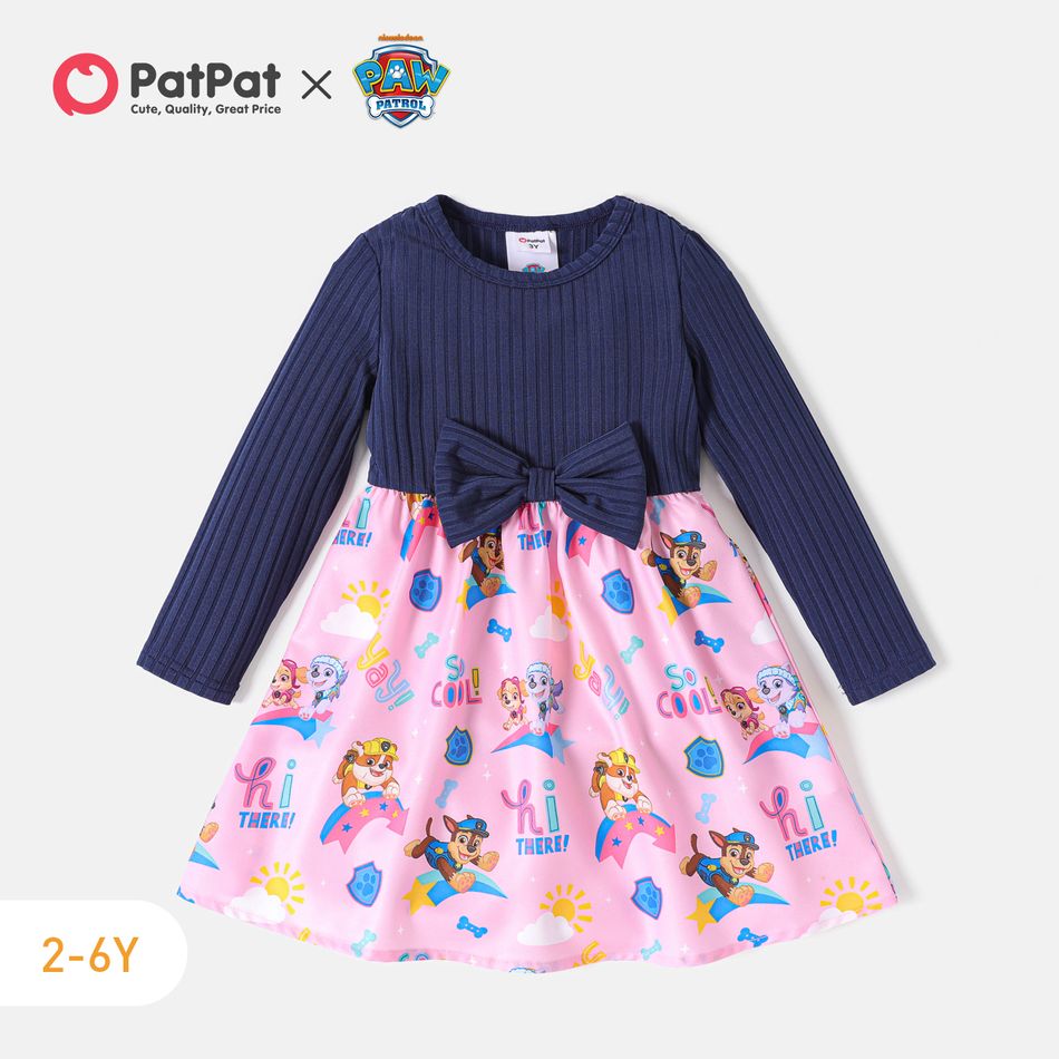 PAW Patrol Toddler Girl Bowknot Design Ribbed Letter Print Splice Long-sleeve Dress Blue