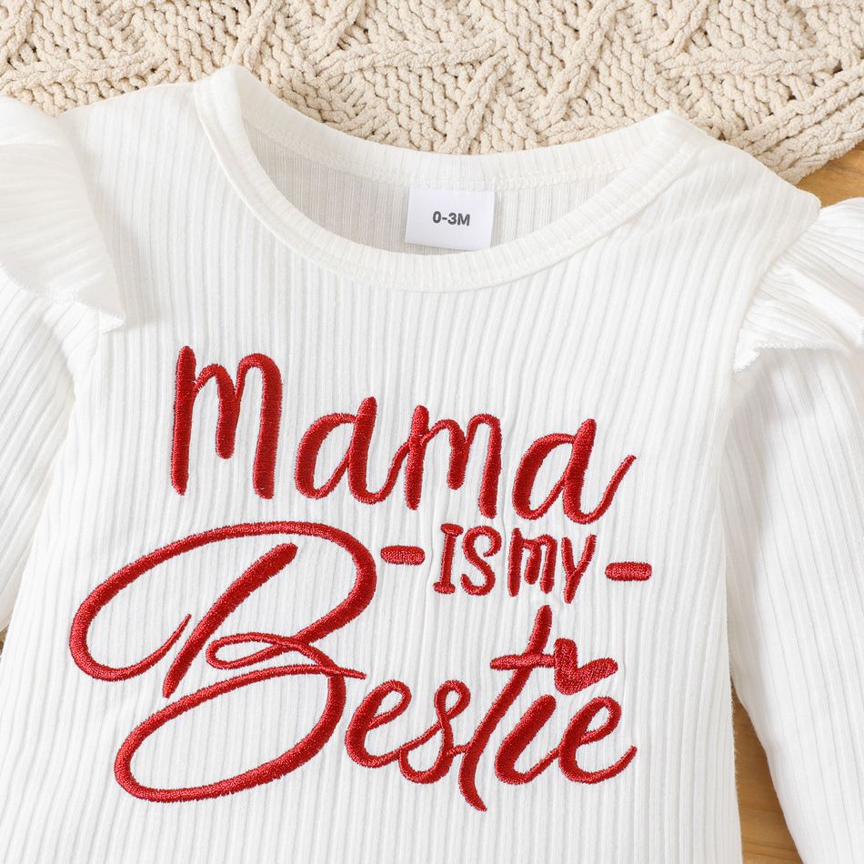 2pcs Baby Girl Letter Embroidered Rib Knit Ruffle Long-sleeve Romper Solid Corduroy Belted Flared Pants Set Brown big image 4