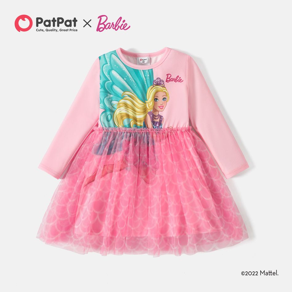 Barbie Toddler Girl Mesh Splice Long-sleeve Dress Pink big image 2