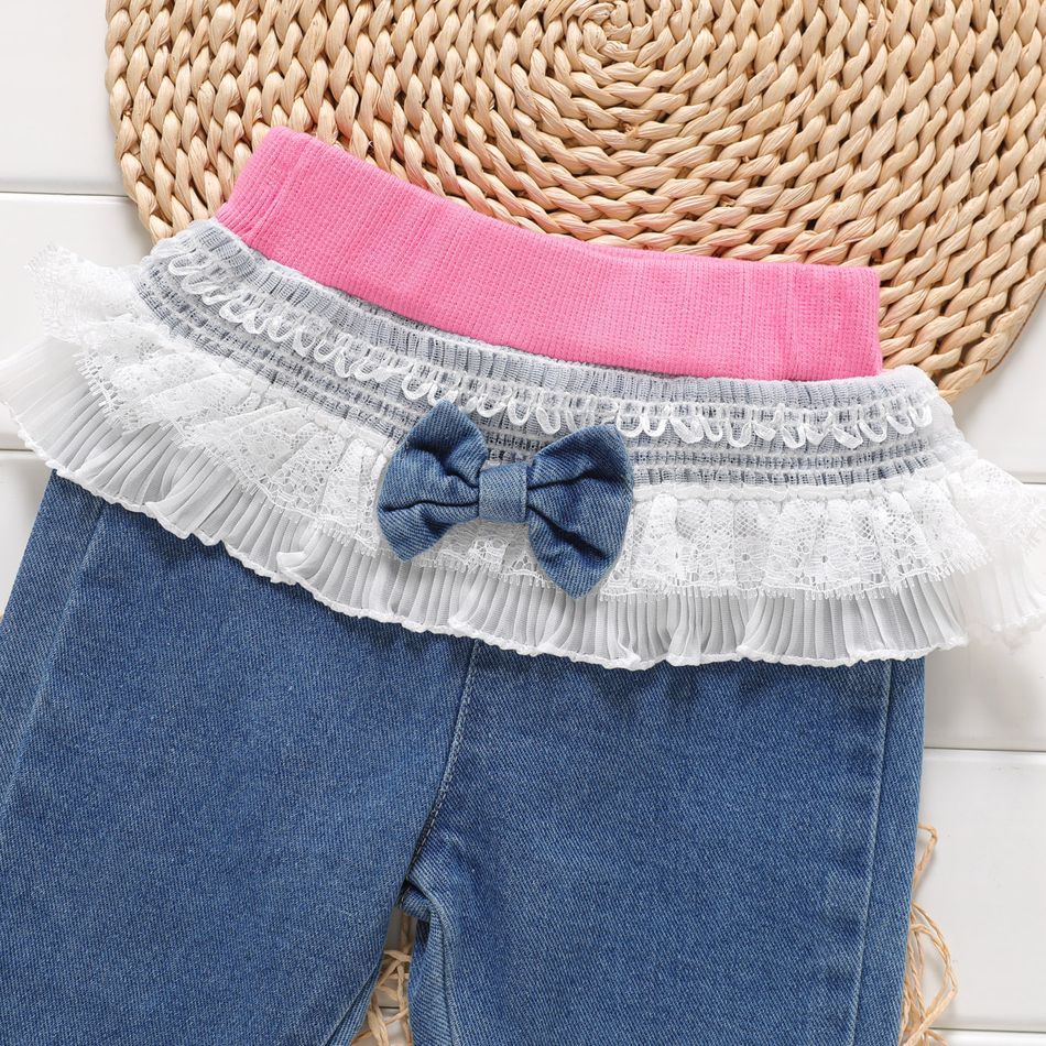 Baby Girl Bow Front Lace Spliced Jeans Blue big image 3