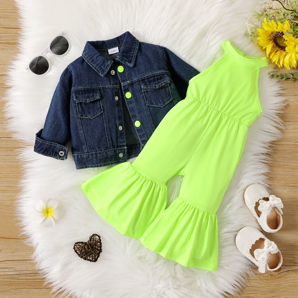 2pcs Baby Girl Long-sleeve Denim Jacket and Fluorescent Color Halter Bell Bottom Jumpsuit Set Green big image 1