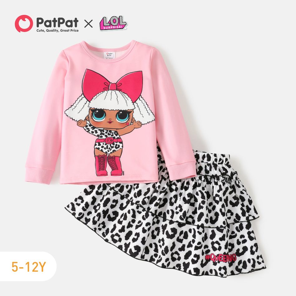 L.O.L. SURPRISE! 2pcs Kid Girl Characters Print Long-sleeve Tee and Leopard Print Layered Skirt Set Pink big image 1