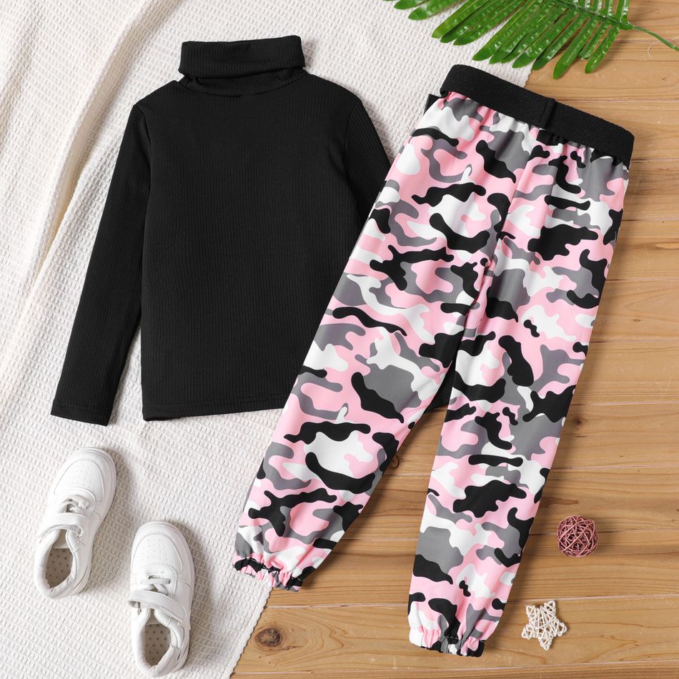 2pcs Kid Girl Turtleneck Black Tee and Camouflage Print Waist Bag Design Pants Set Black big image 2