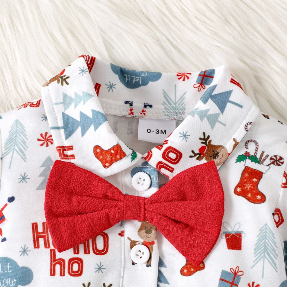 Christmas 2pcs Baby Boy 100% Cotton Suspender Pants and Bow Front Allover Print Long-sleeve Shirt Set Red big image 4