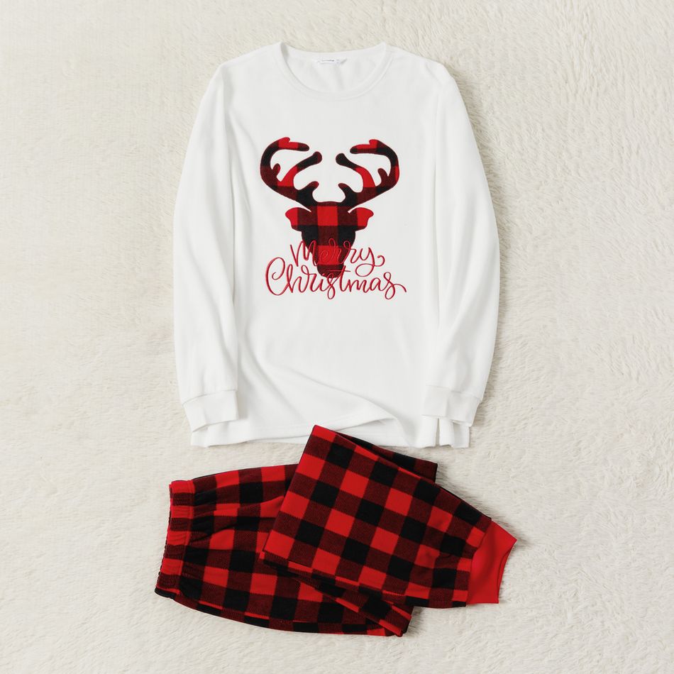 Christmas Family Matching Deer & Letter Embroidered Thickened Polar Fleece Long-sleeve Red Plaid Pajamas Sets (Flame Resistant) redblack big image 5