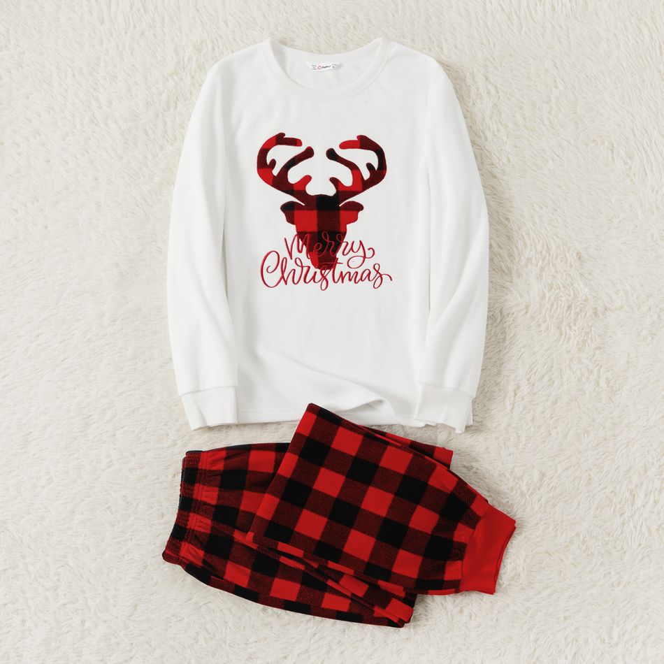 Christmas Family Matching Deer & Letter Embroidered Thickened Polar Fleece Long-sleeve Red Plaid Pajamas Sets (Flame Resistant) redblack big image 10