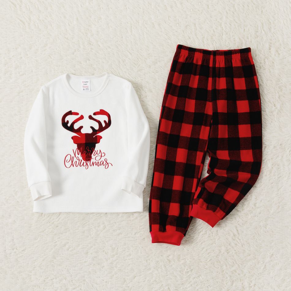 Christmas Family Matching Deer & Letter Embroidered Thickened Polar Fleece Long-sleeve Red Plaid Pajamas Sets (Flame Resistant) redblack big image 11