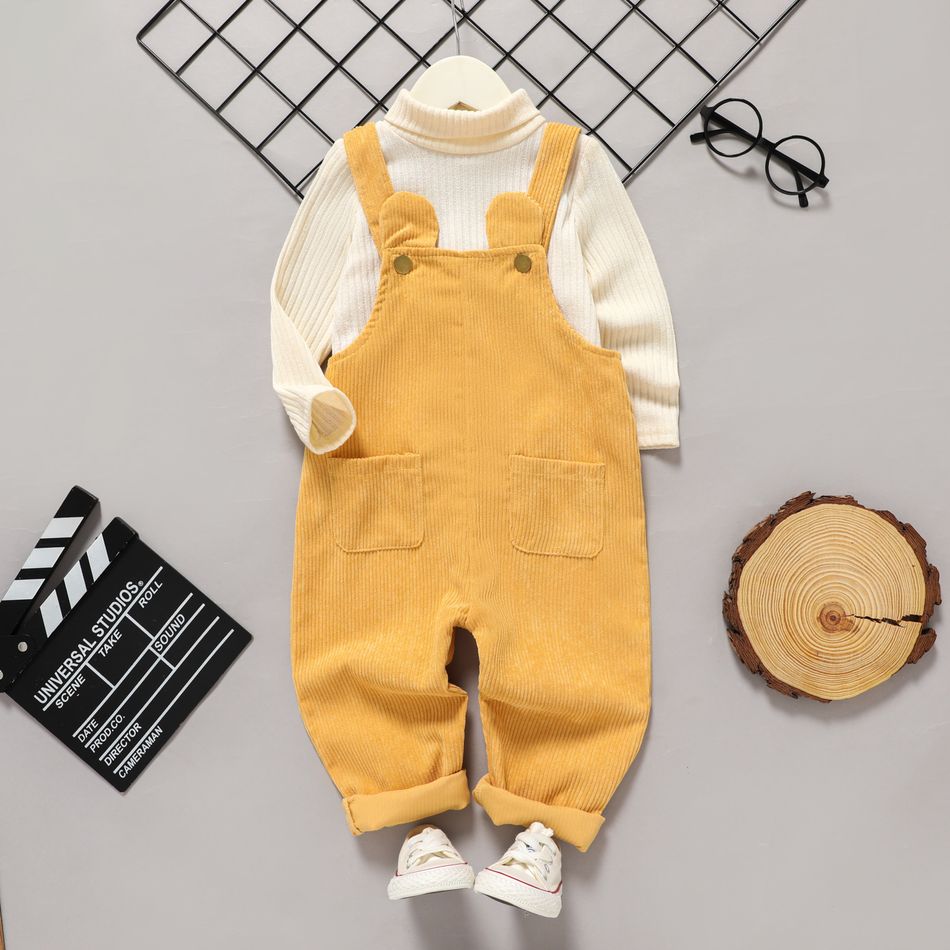 Macacão de veludo cotelê de cor sólida para menina de 1 peça/camiseta de manga comprida canelada gola alta Amarelo big image 6