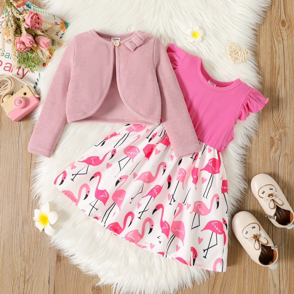 1-piece Toddler Girl Flamingo Print Flutter-sleeve Dress/ Bowknot Design Ribbed Cardigan Peach* big image 6