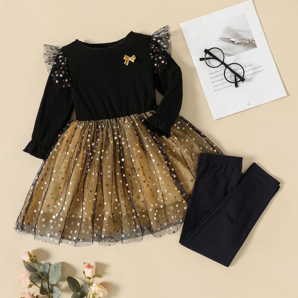 1-piece Toddler Girl Star Glitter Design Mesh Splice Dress/ Elasticized Leggings Black big image 7