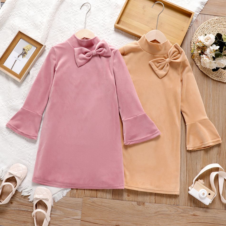 Kid Girl 3D Bowknot Design Mock Neck Solid Color Long-sleeve Dress Pink big image 2