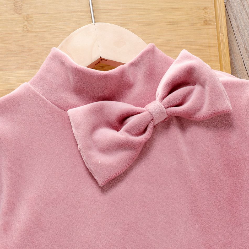 Kid Girl 3D Bowknot Design Mock Neck Solid Color Long-sleeve Dress Pink big image 3