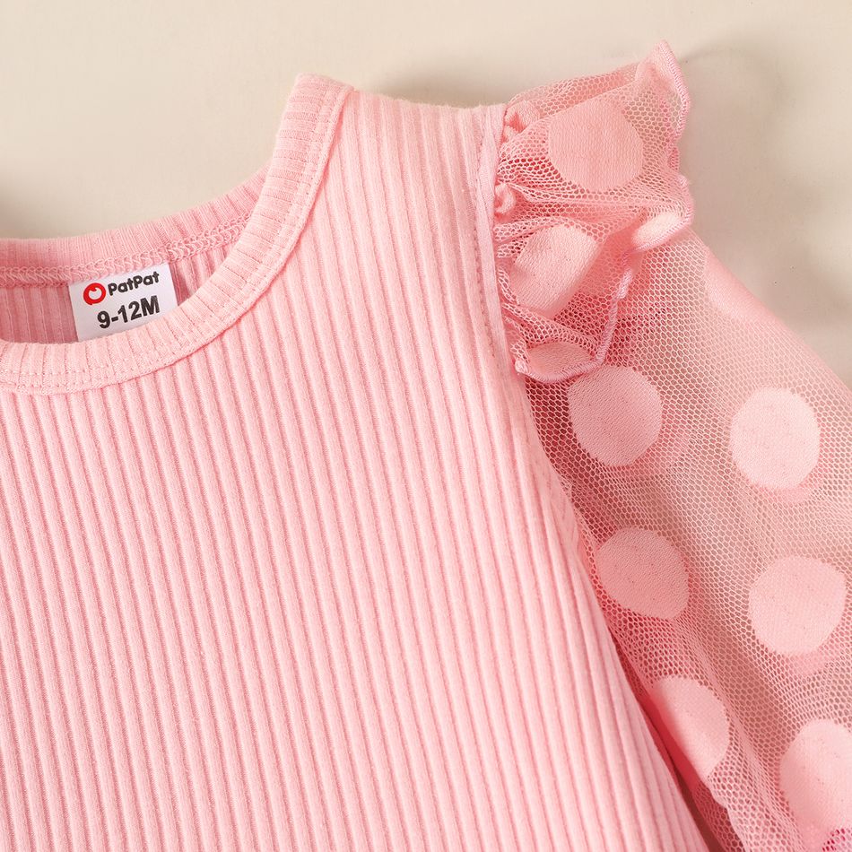2pcs Baby Girl Pink Polka Dot Mesh Long-sleeve Spliced Rib Knit Top and Allover Floral Print Flared Pants Set Pink big image 3