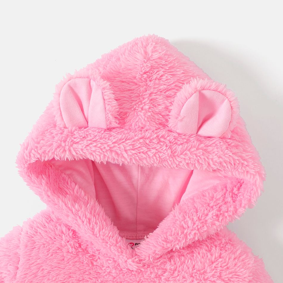Care Bears Baby Girl Cartoon Animal Graphic 3D Ears Hooded Long-sleeve Fuzzy Fleece Jumpsuit Dark Pink big image 4