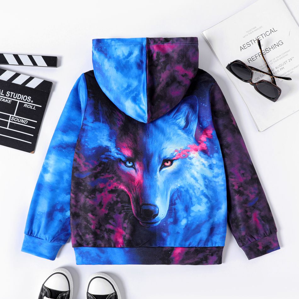 Kid Boy Animal Wolf Print Tie Dyed Hoodie Sweatshirt Blue big image 5