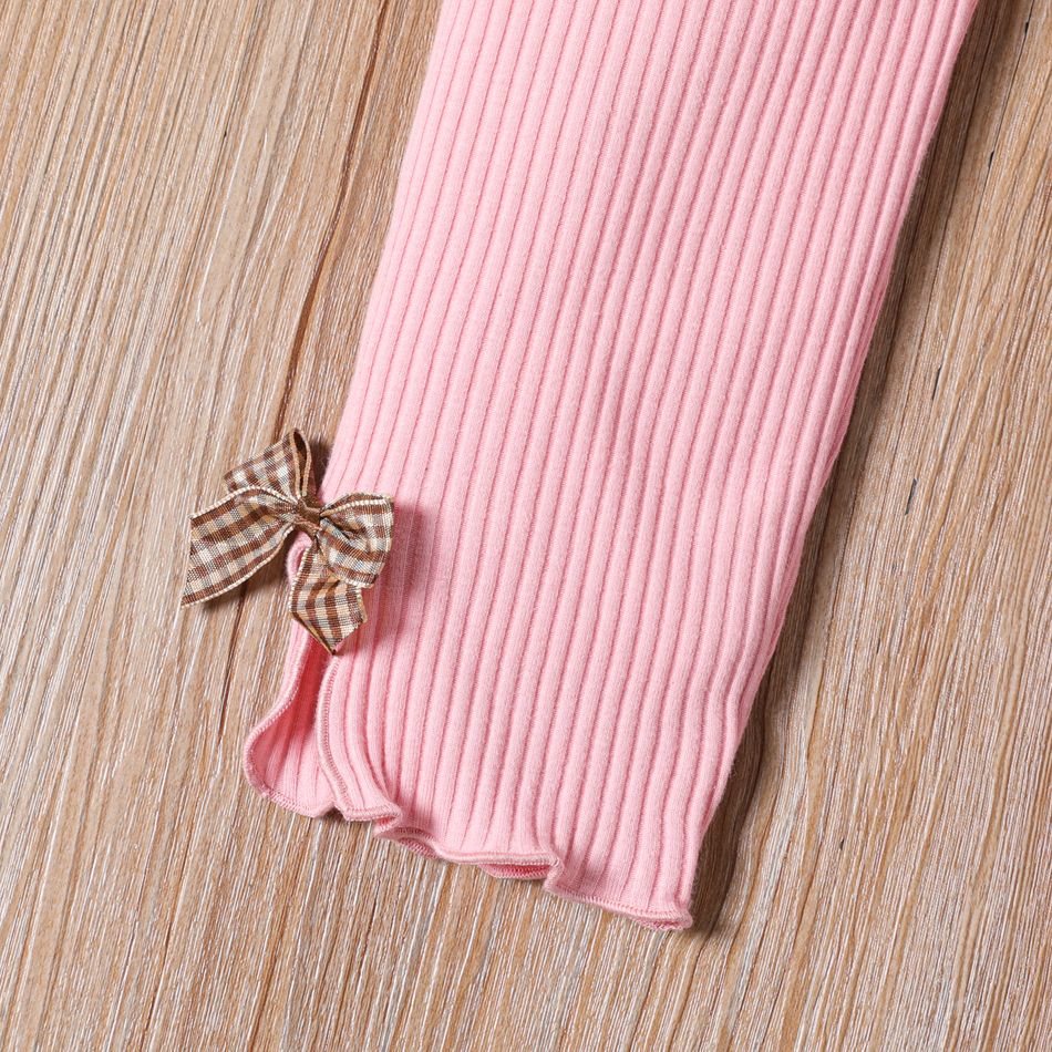 Leggings elásticas de algodão com nervuras de cor sólida 3d para menina infantil Rosa big image 3