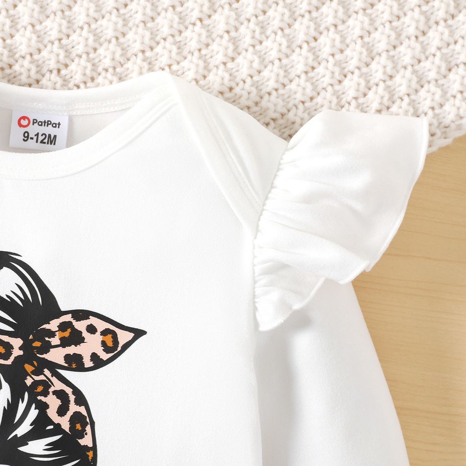 2pcs Baby Girl Figure & Letter Print Ruffle Long-sleeve Romper and Leopard Mesh Skirt Set ColorBlock big image 3