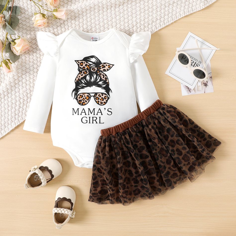 2pcs Baby Girl Figure & Letter Print Ruffle Long-sleeve Romper and Leopard Mesh Skirt Set ColorBlock big image 1