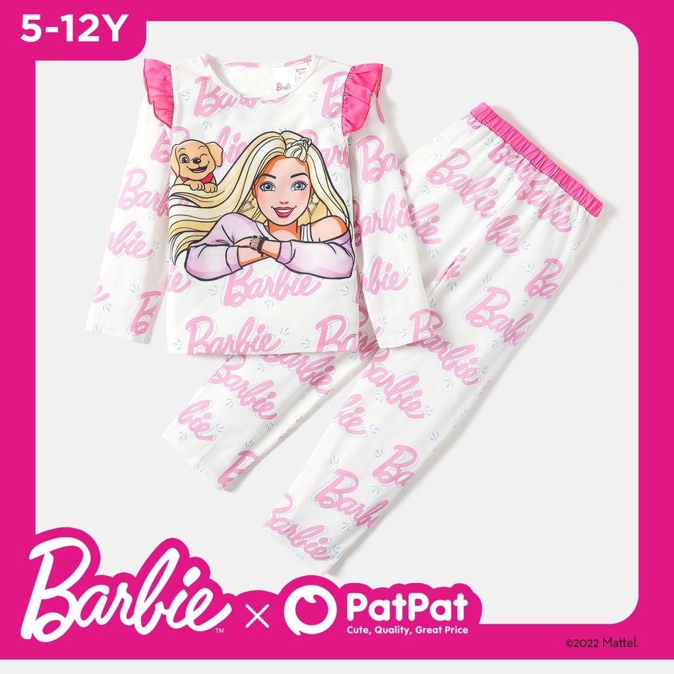 barbie 2 peças infantil menina estampa de letras com babados conjunto de camiseta e calças de manga comprida Branco