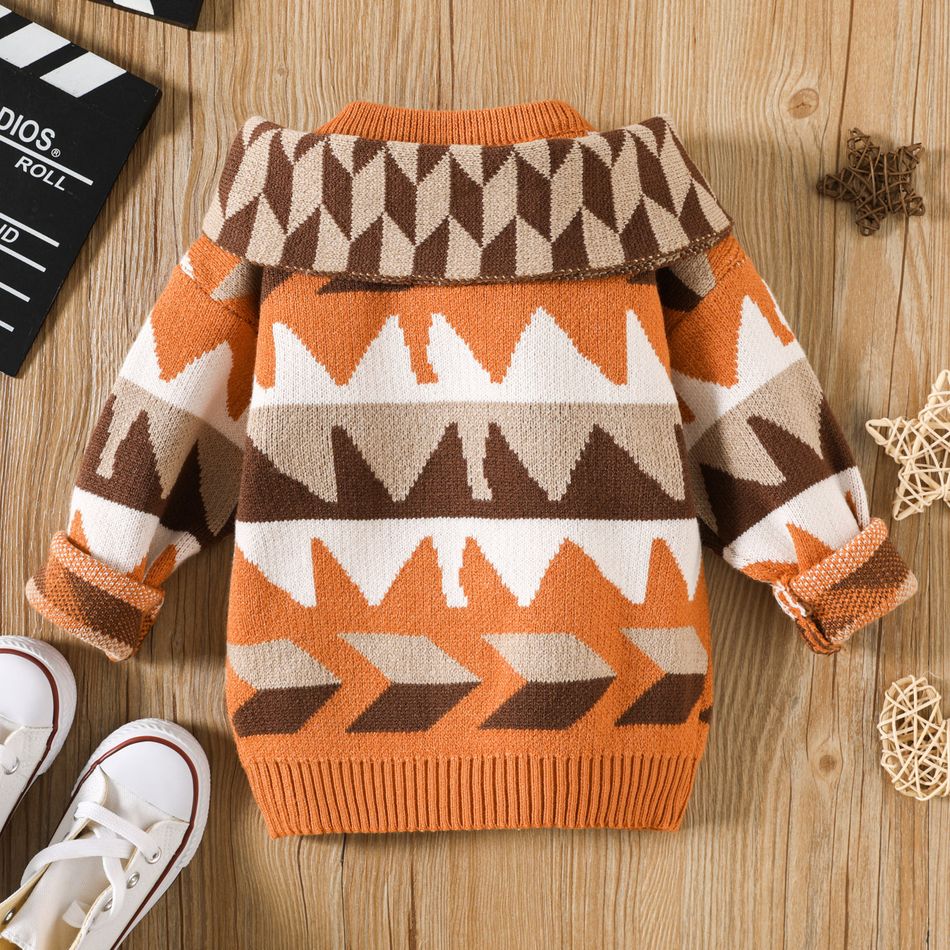 2pcs Toddler Girl/Boy Geo Pattern Colorblock Sweater and Scarf Brown big image 2