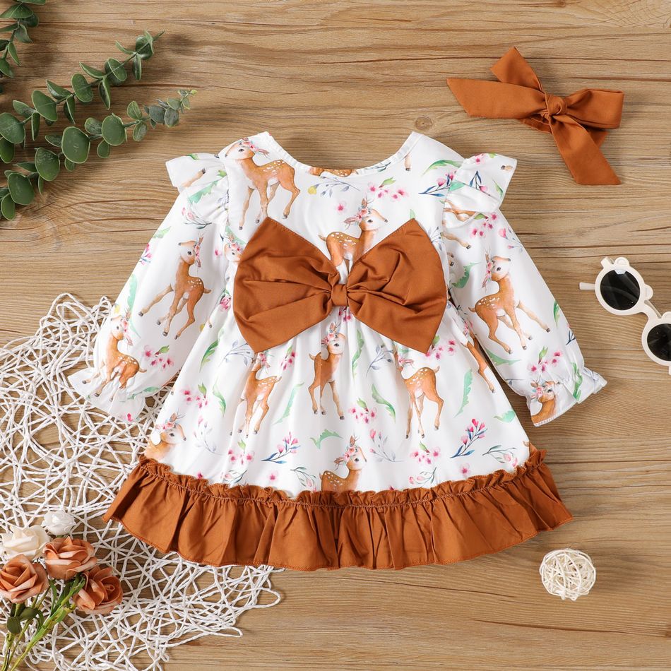 2pcs Baby Girl Allover Deer Print Ruffle Trim Bow Front Long-sleeve Dress with Headband Set White