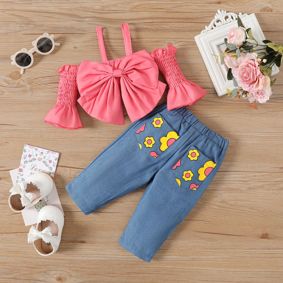 2pcs Baby Girl 100% Cotton Floral Print Straight-fit Pants and Cold Shoulder Bell-sleeve Bow Front Shirred Cami Top Set Pink big image 1