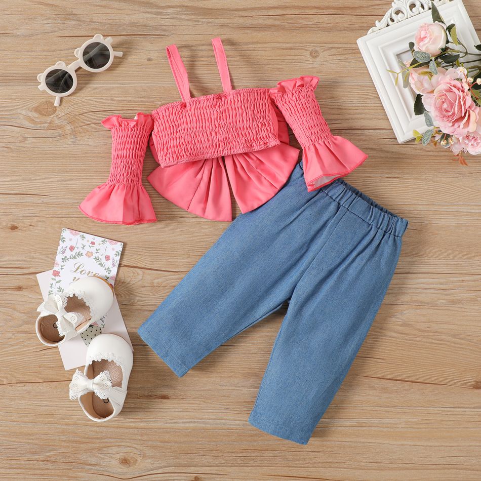 2pcs Baby Girl 100% Cotton Floral Print Straight-fit Pants and Cold Shoulder Bell-sleeve Bow Front Shirred Cami Top Set Pink big image 2