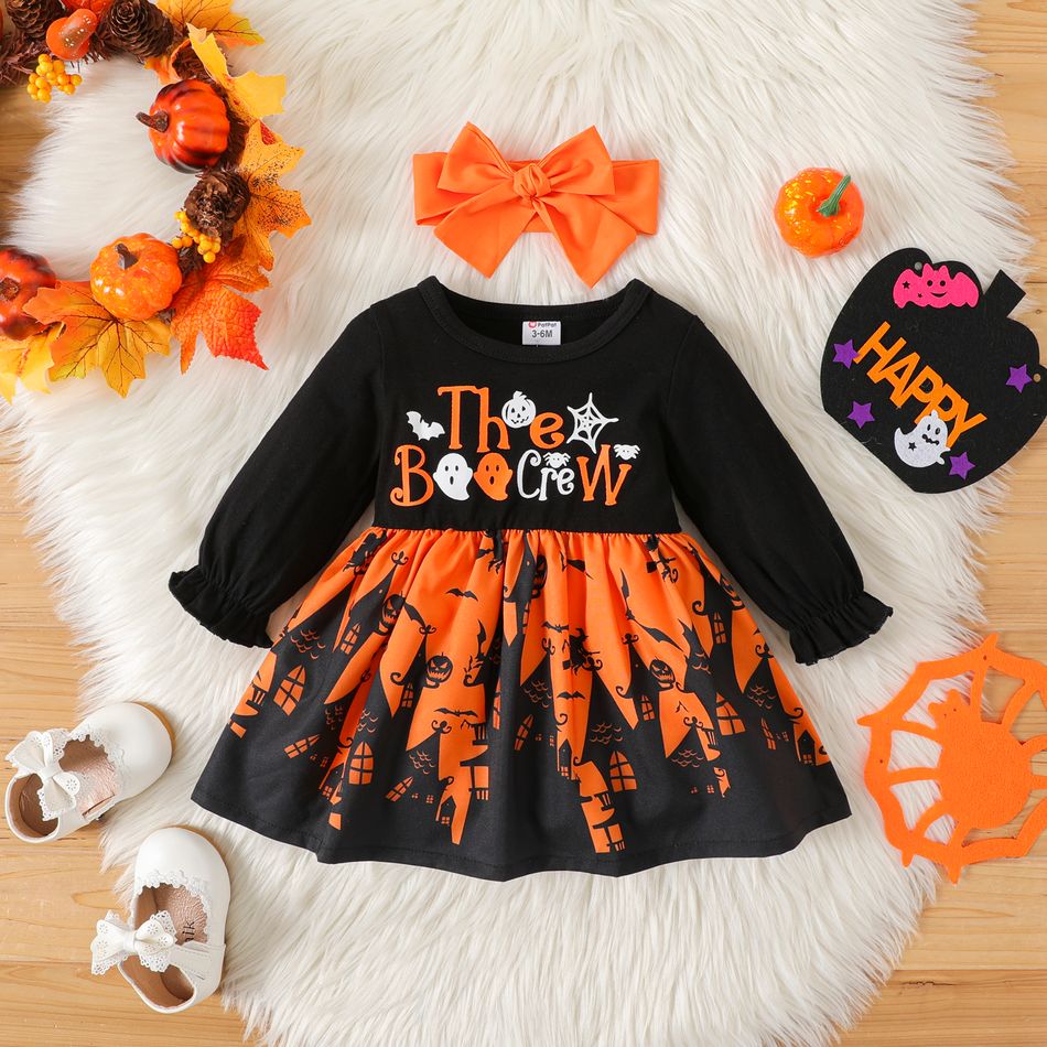 Halloween 2pcs Baby Girl 95% Cotton Long-sleeve Graphic Spliced Dress with Headband Set Black