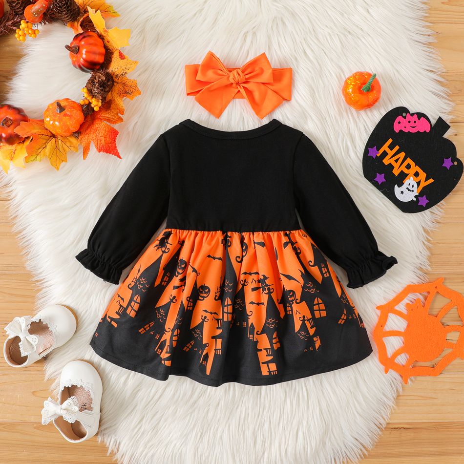 Halloween 2pcs Baby Girl 95% Cotton Long-sleeve Graphic Spliced Dress with Headband Set Black big image 2