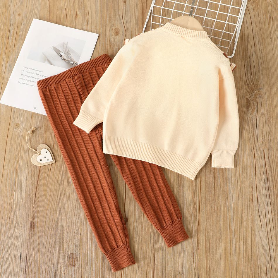 2pcs Toddler Girl Sweet Ruffled Bowknot Design Sweater and Ribbed Pants Set Khaki big image 3
