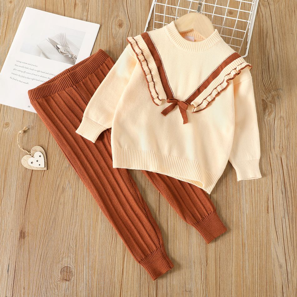 2pcs Toddler Girl Sweet Ruffled Bowknot Design Sweater and Ribbed Pants Set Khaki big image 2