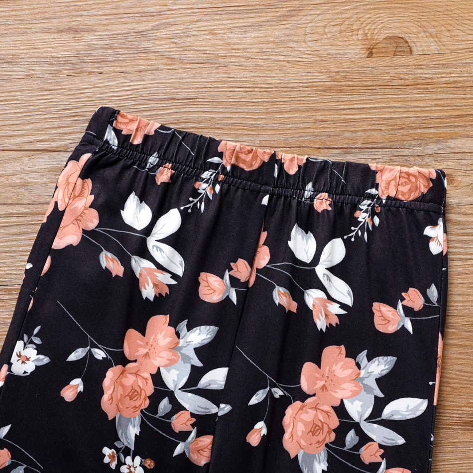 2pcs Kid Girl 3D Bowknot Design Ruffle Hem Long-sleeve Tee and Floral Print Flared Pants Set Khaki