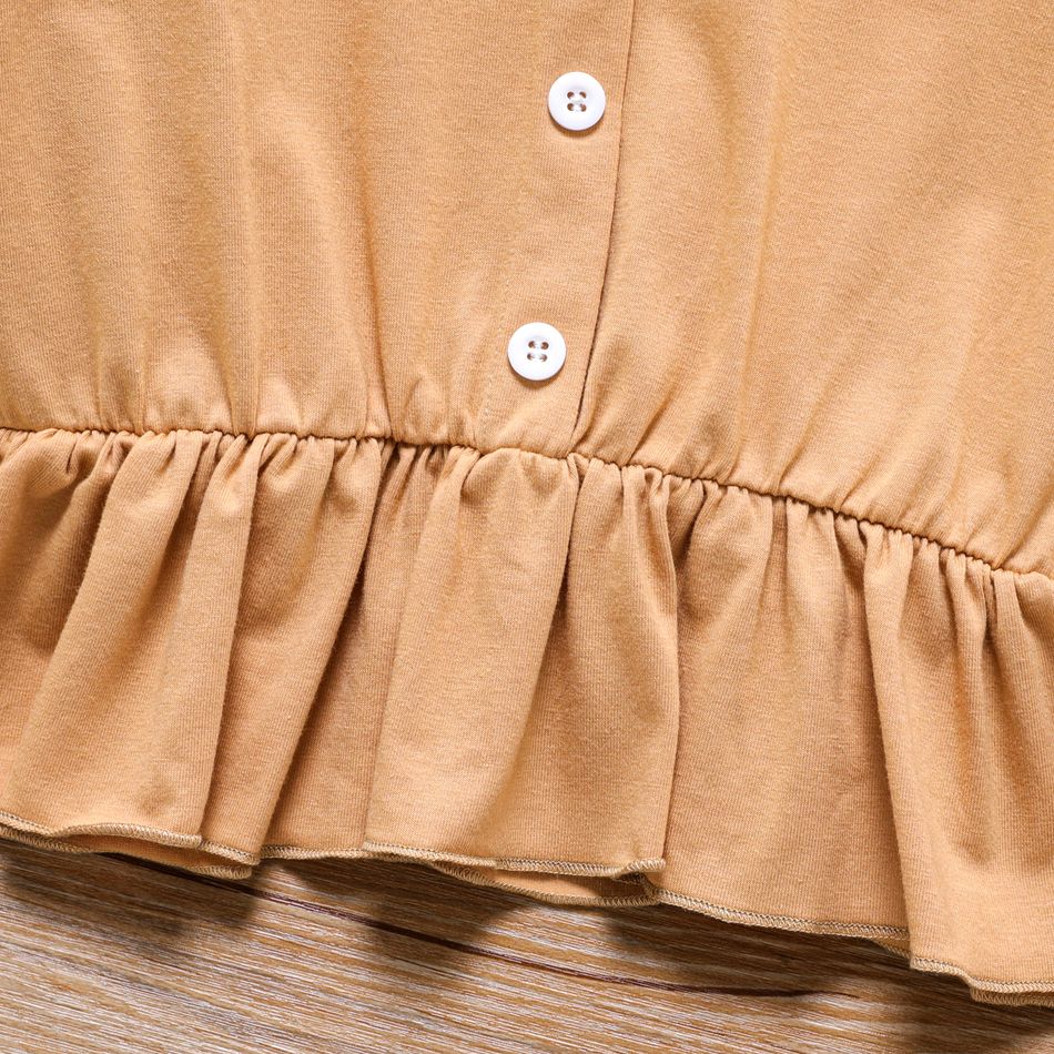 2pcs Kid Girl 3D Bowknot Design Ruffle Hem Long-sleeve Tee and Floral Print Flared Pants Set Khaki big image 3