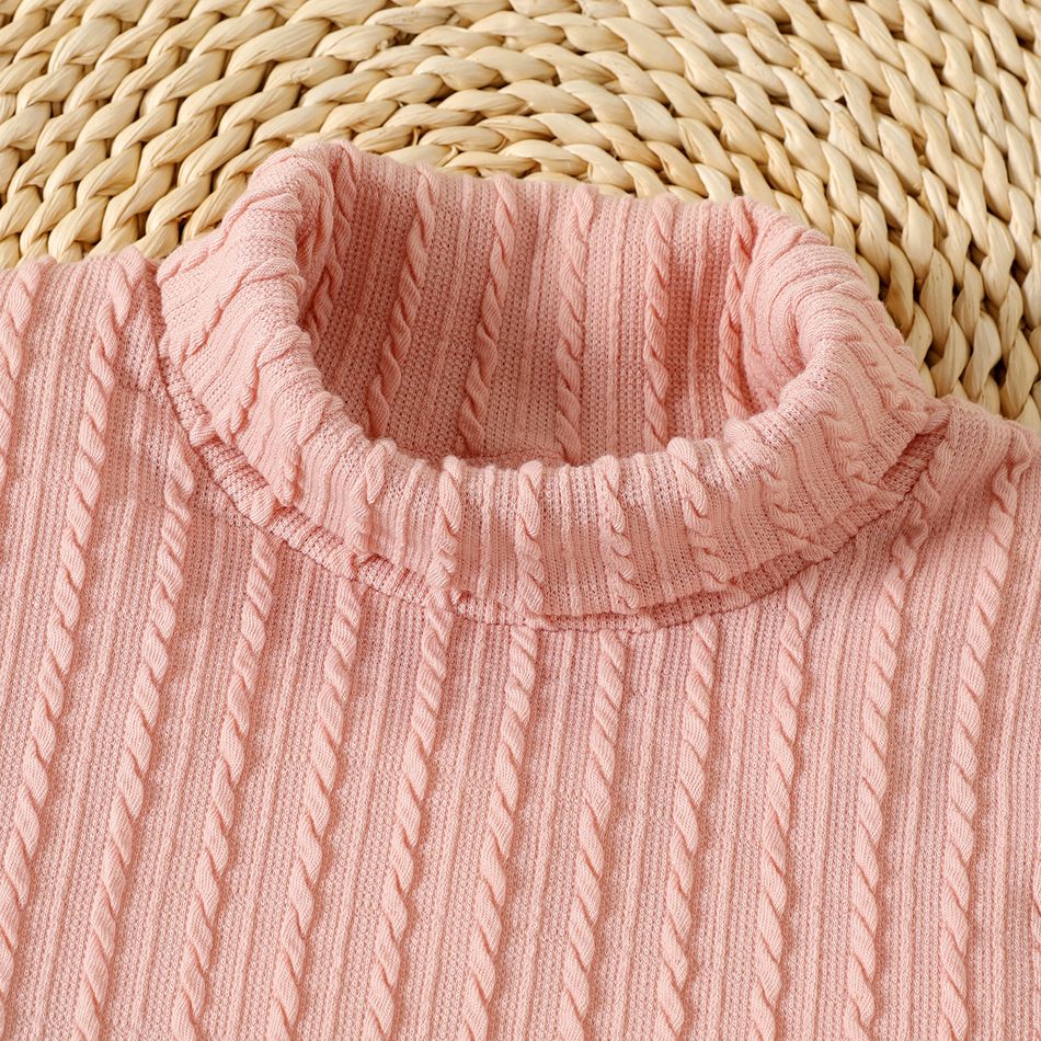 Kid Girl Solid Color Turtleneck Textured Knit Sweater Pink big image 3