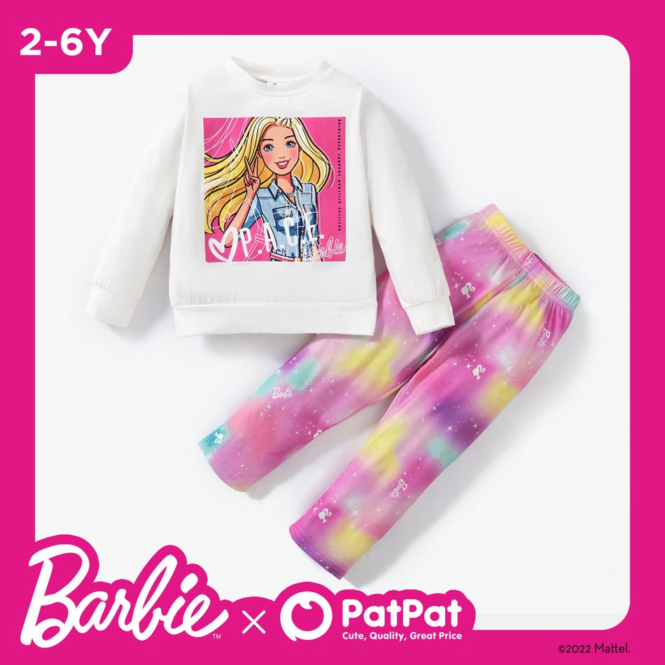Barbie 2pcs Toddler Girl Character Print Long-sleeve Cototn Tee and Gradient Color Pants Set White