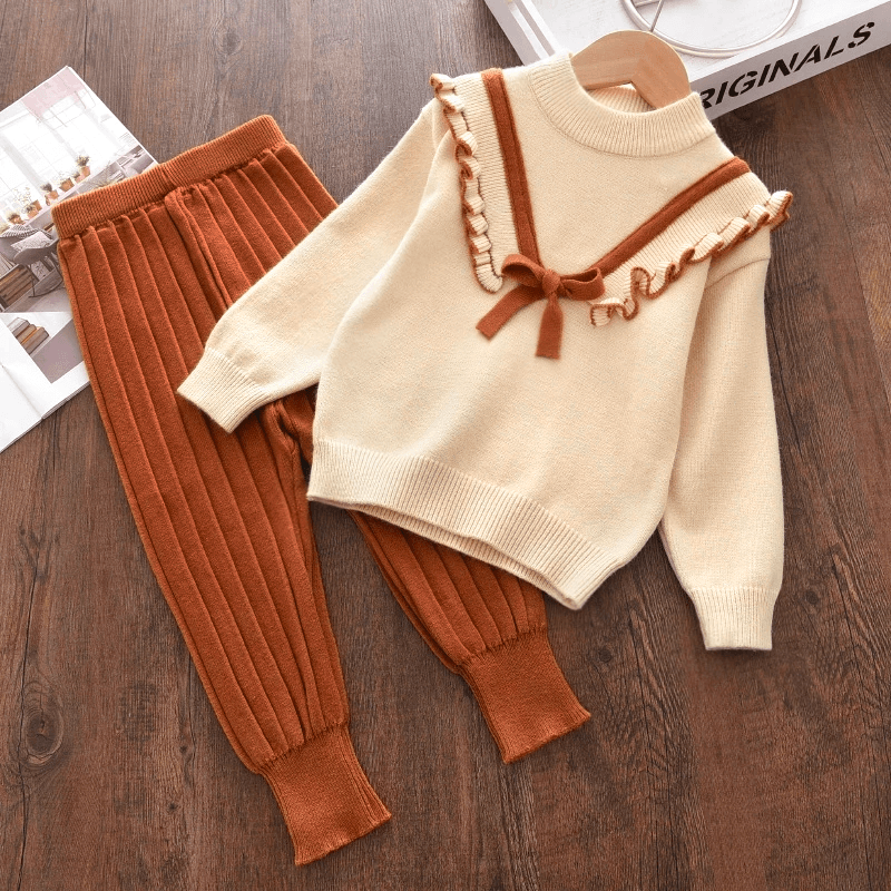 2pcs Toddler Girl Sweet Ruffled Bowknot Design Sweater and Ribbed Pants Set Khaki
