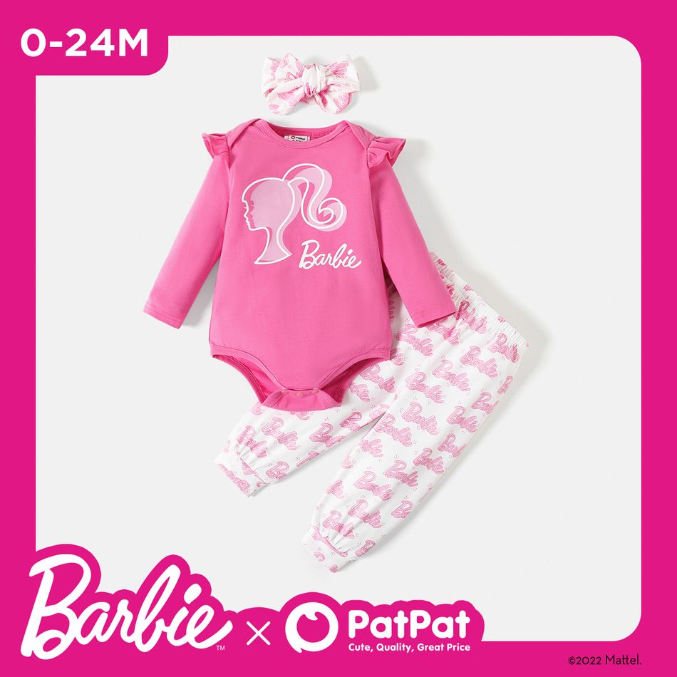 Barbie 3pcs Baby Girl 95% Cotton Ruffle Trim Long-sleeve Graphic Romper and Allover Letter Print Pants with Headband Set PinkyWhite