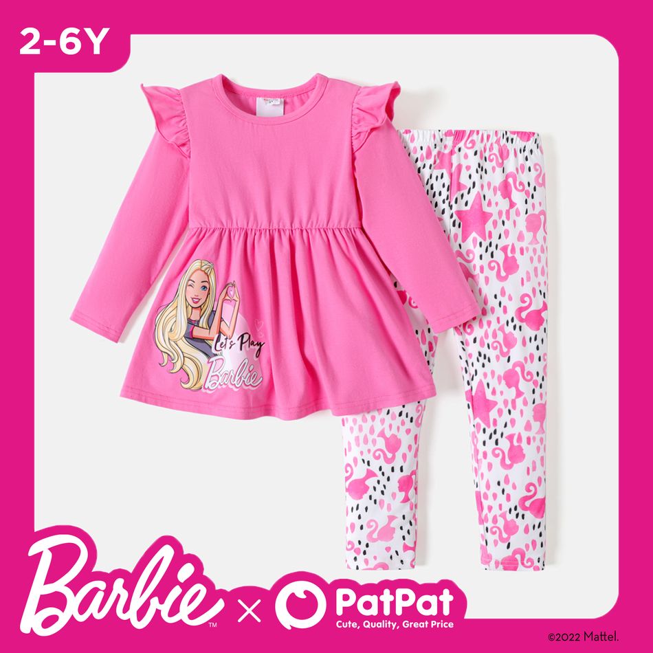 Barbie 2pcs Toddler Girl Character Print Ruffled Long-sleeve Tee and Allover Print Pants Set PinkyWhite