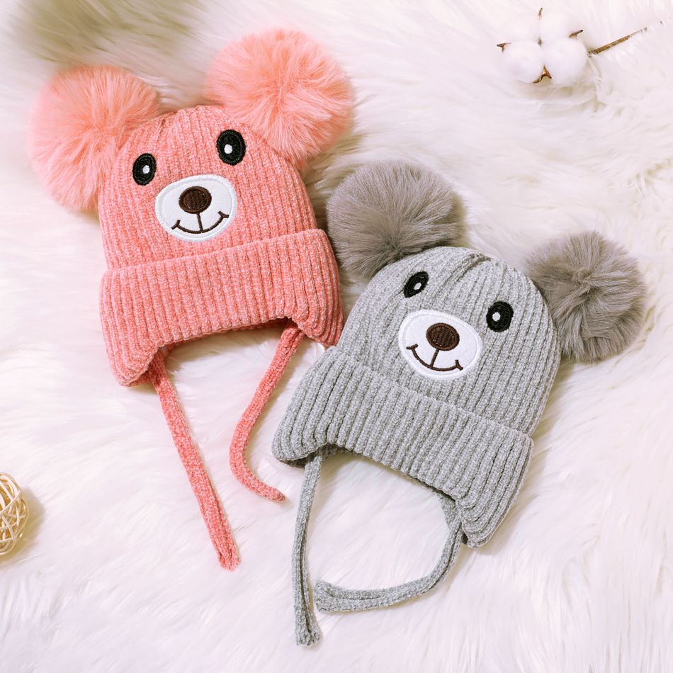 Baby Cute Bear Shape Lace Up Knitted Hat Grey
