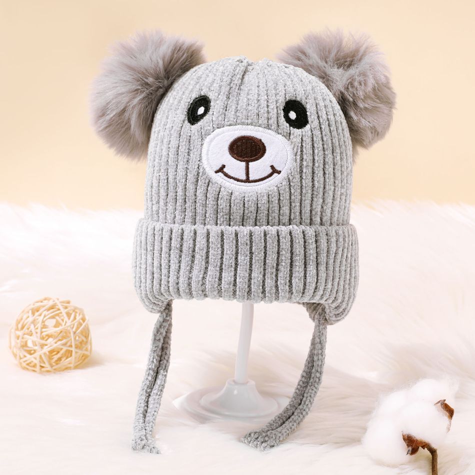 Baby Cute Bear Shape Lace Up Knitted Hat Grey big image 2