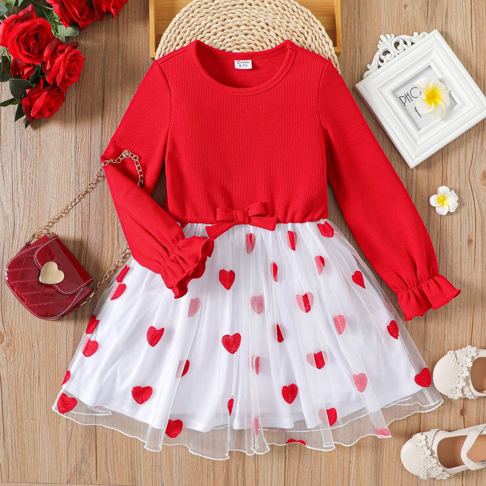 Kid Girl Heart Embroidered Ribbed Mesh Splice Long-sleeve Dress Red