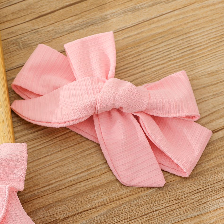 2pcs Baby Girl Pink Rib Knit Ruffle Long-sleeve Spliced Allover Daisy Floral Print Mesh Dress with Headband Set Pink big image 6