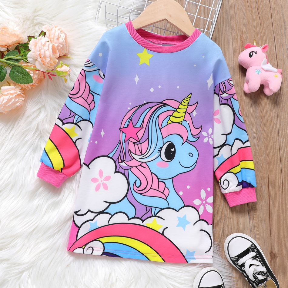 Toddler Girl Sweet Unicorn Rainbow Print Long-sleeve Sweatshirt Dress Purple