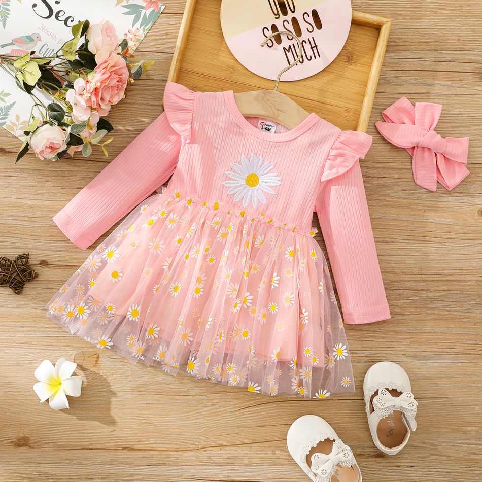 2pcs Baby Girl Pink Rib Knit Ruffle Long-sleeve Spliced Allover Daisy Floral Print Mesh Dress with Headband Set Pink big image 1